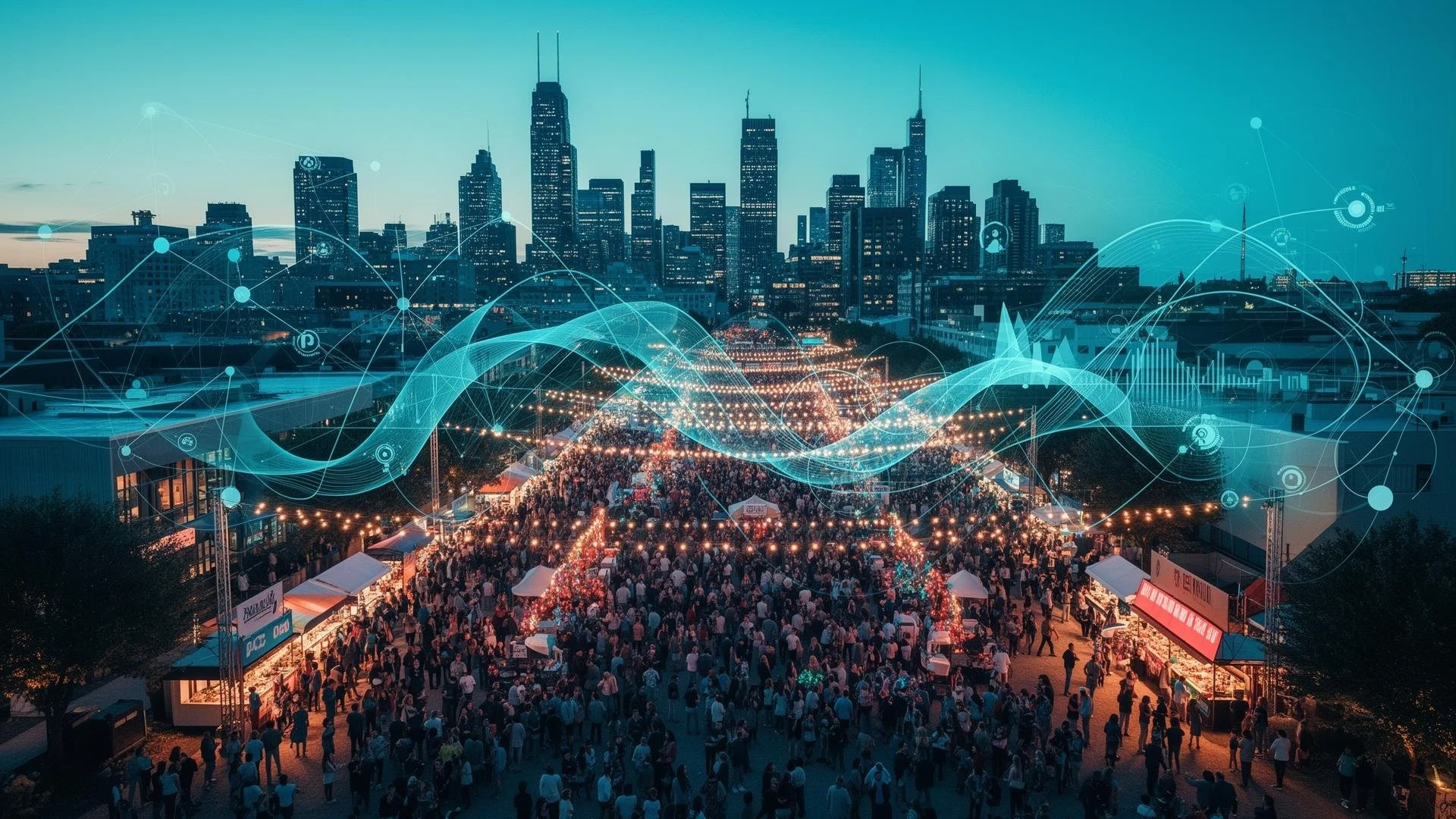 A city skyline at dusk with a large crowd of people at an outdoor event, and blue digital wave and network graphics overlayed.