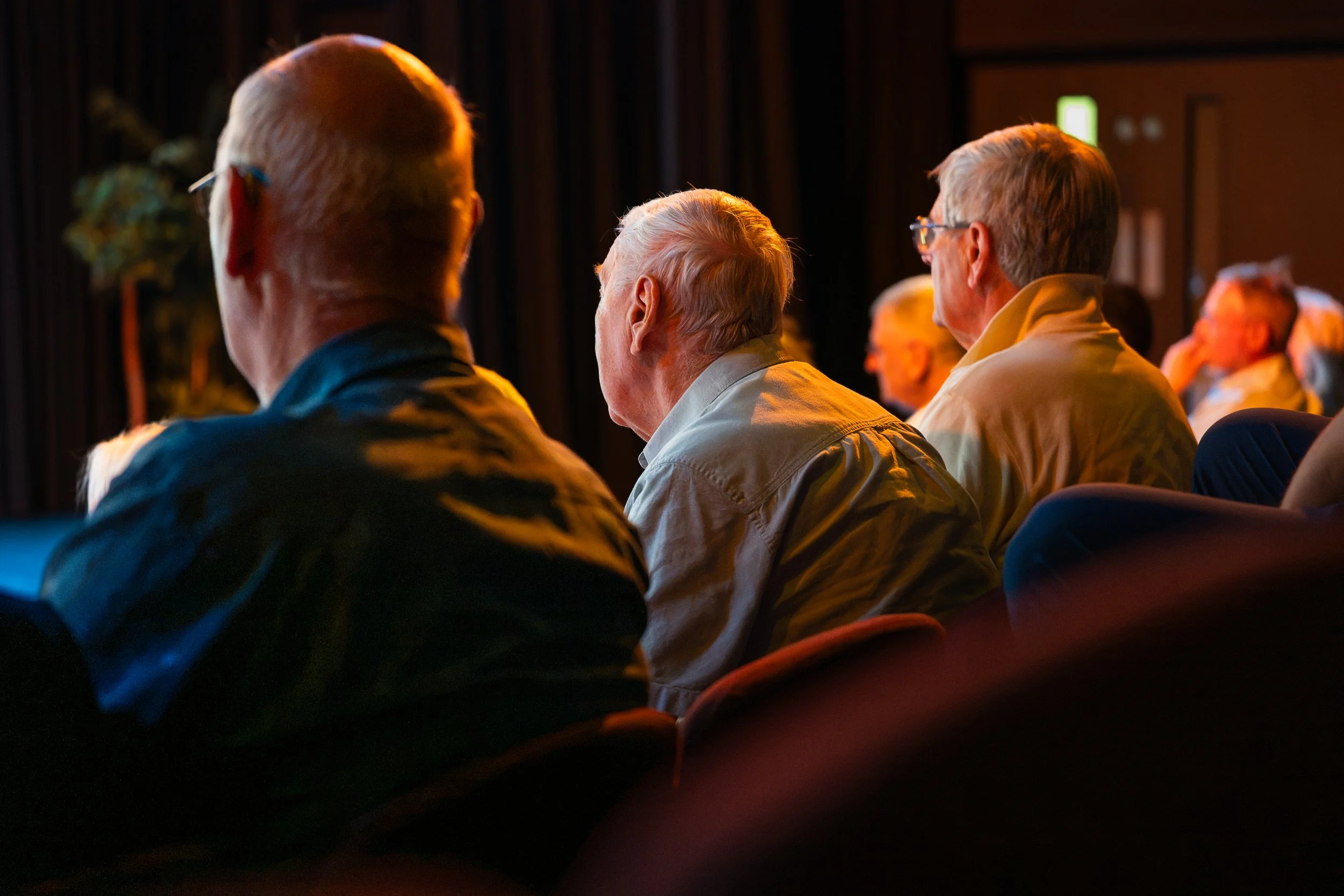 People seated in an auditorium listening to a presentation or speech.