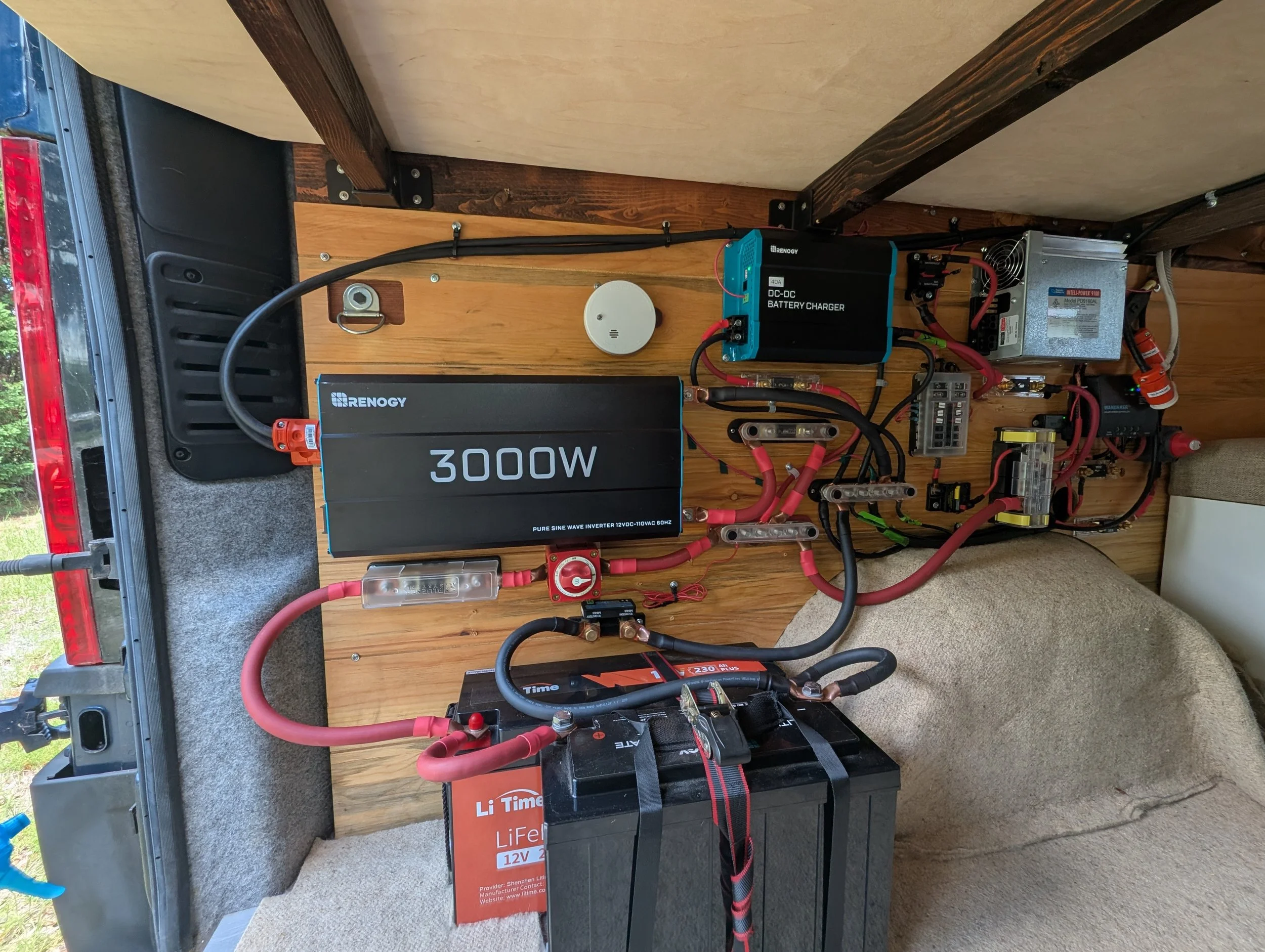 After: A new B2B charger was installed with an ignition wire to eliminate the phantom load. The battery bank was sized appropriately for the loads and size specific fuses and cable were installed. We decided to augment the existing battery with a Li-