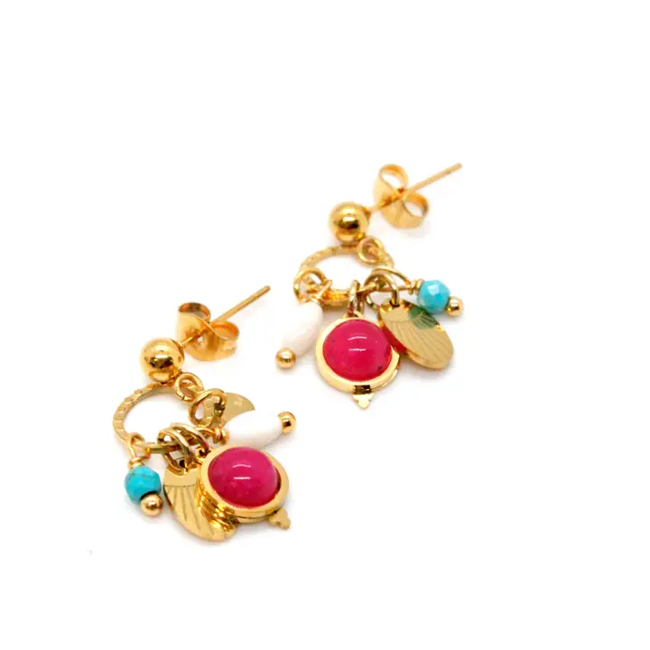 Mini Gold Turquoise Fuchsia Dangle Earrings