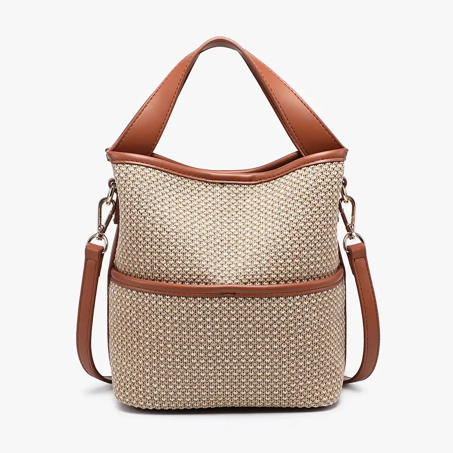 Blakely Straw Woven Bucket Bag w/ Dual Handles & Snap Closure