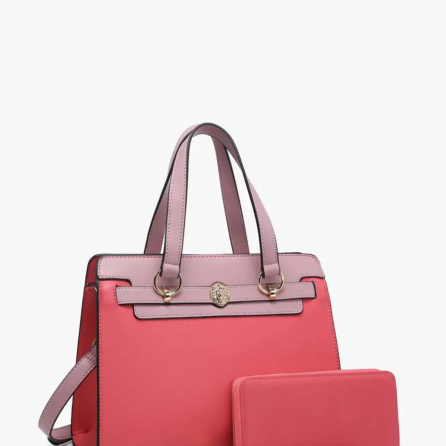 Lexie Two-Tone Lion Satchel w/ Wallet Fuchsia