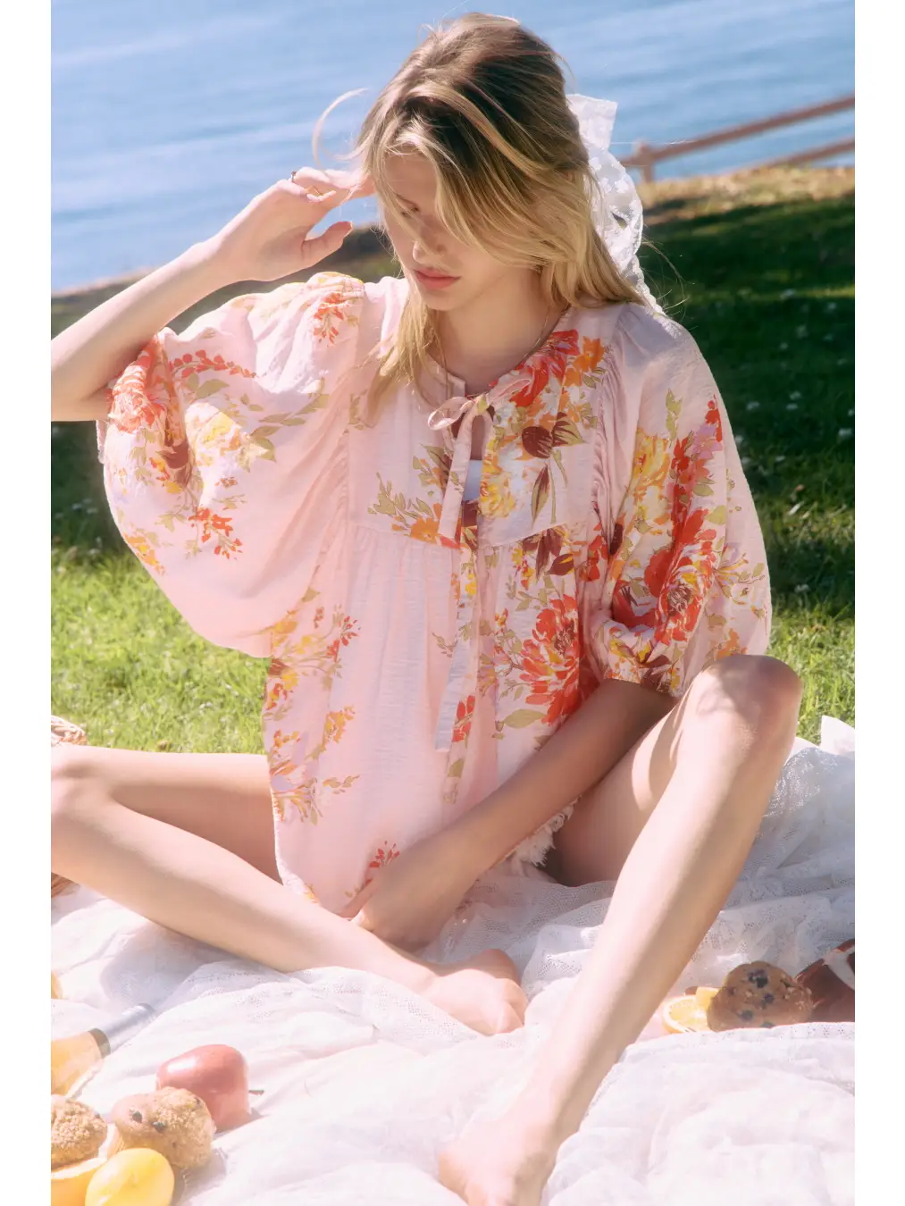 Floral Printed Batwing Sleeve Front Tie Top