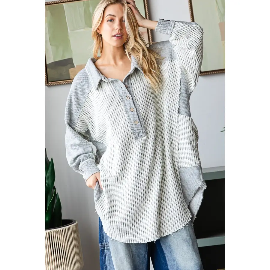 Washed Collared Neck Long Sleeve Waffle Top-  H Grey