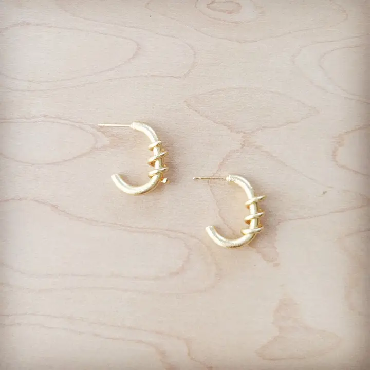 Matte Gold Hoop Earring w/ Wire Wrapping