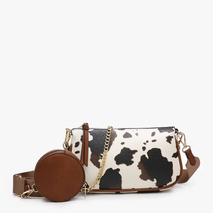 Marina Crossbody with Removable Chain & Pouch- Cow- White