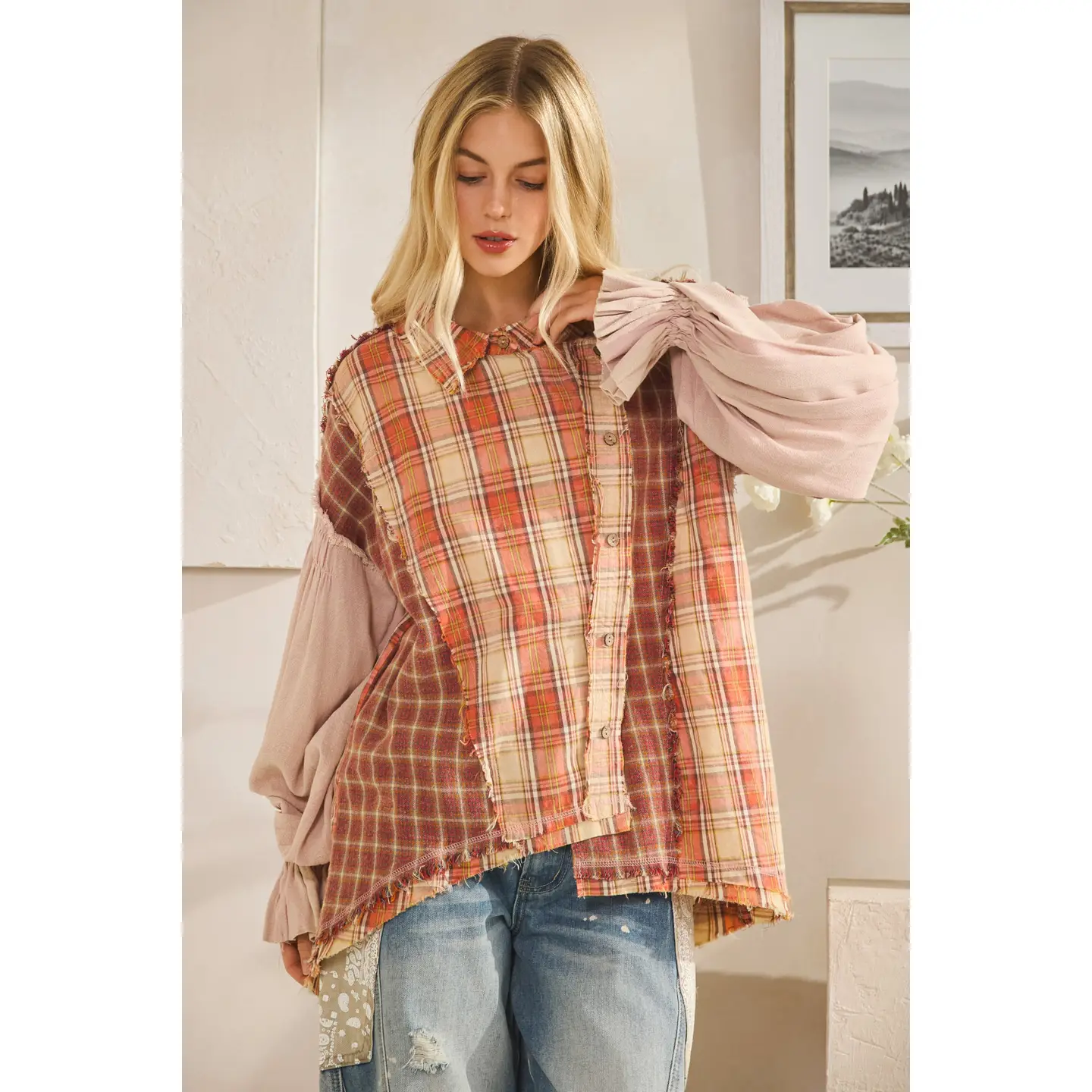Washed Plaid Asymmetrical Button Down Shirt