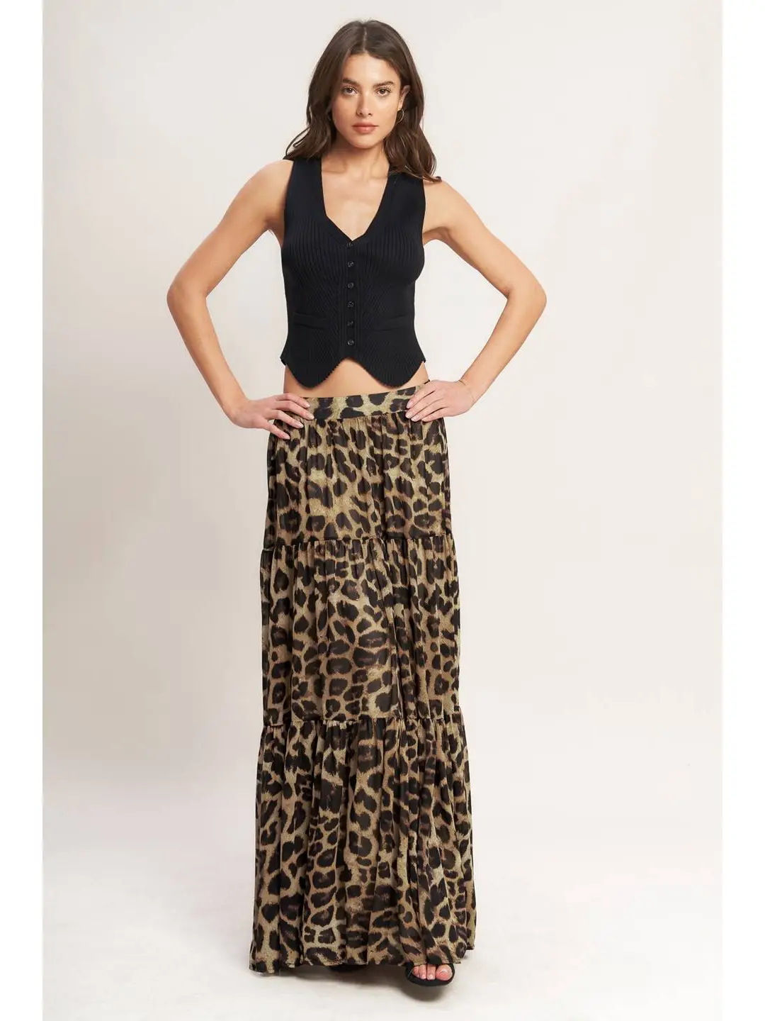 Leopard Print Tiered Maxi Skirt