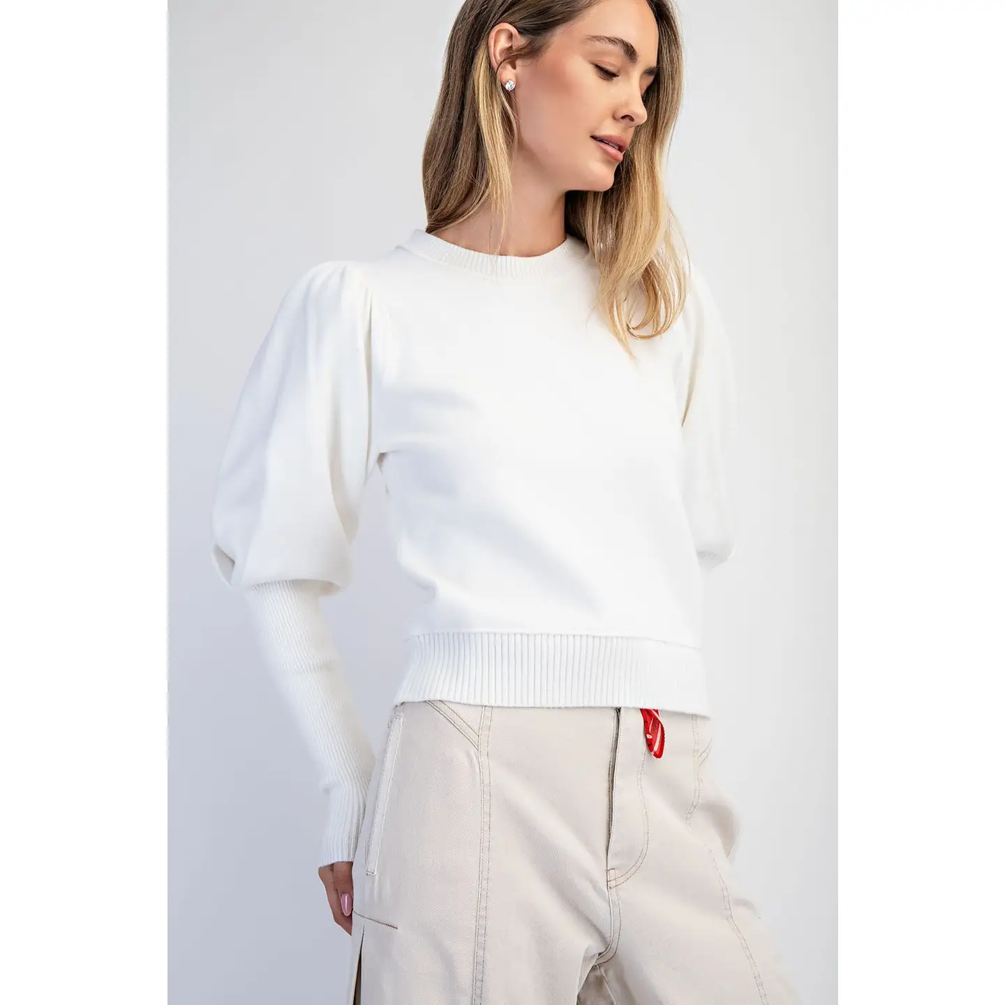Puff Shoulder Ribbed Knit Sweater Off White