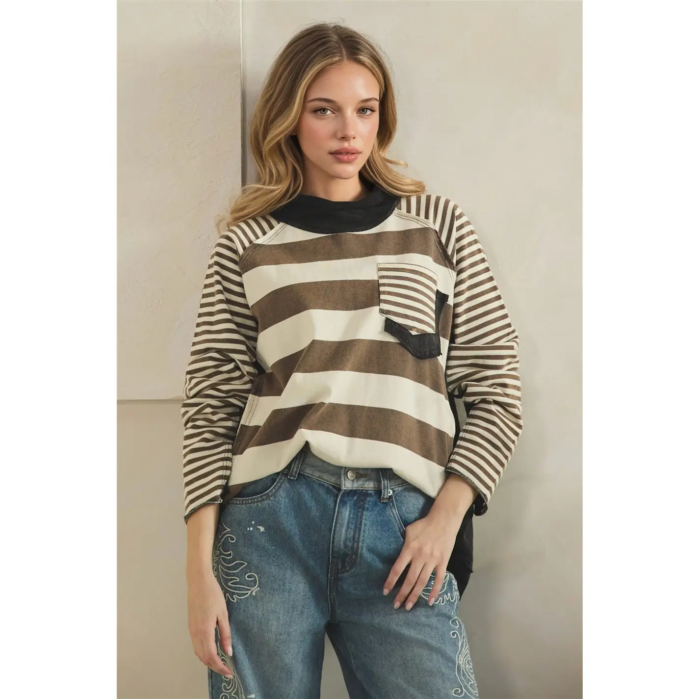 Washed Mock Neck Stripe Mix Top