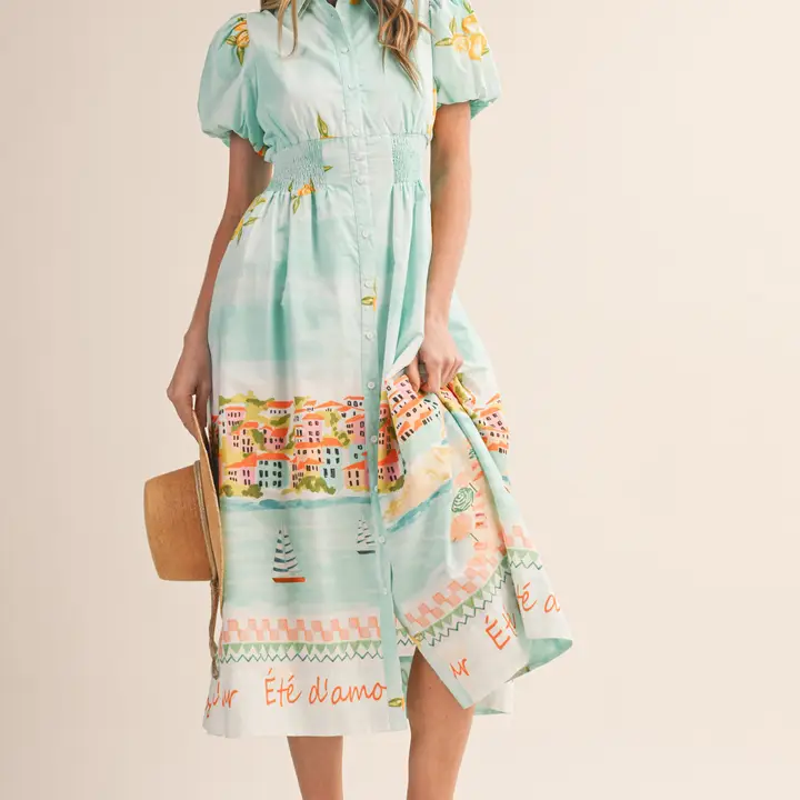 LANDSCAPE PRINT BUTTON DOWN MIDI DRESS