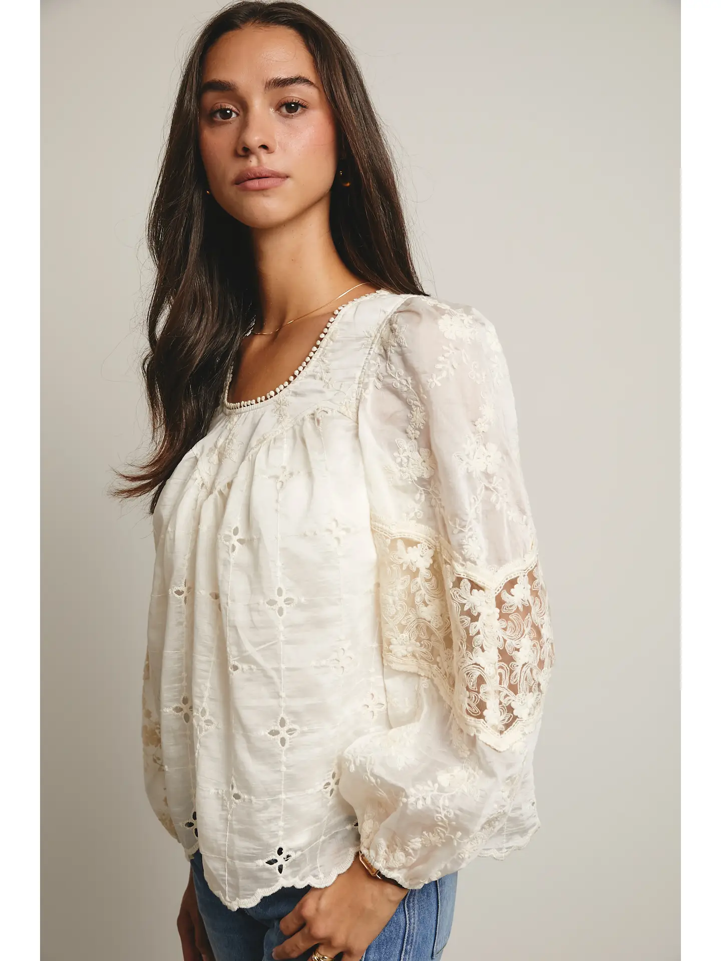 Embroidered Lace Puff Sleeve Blouse