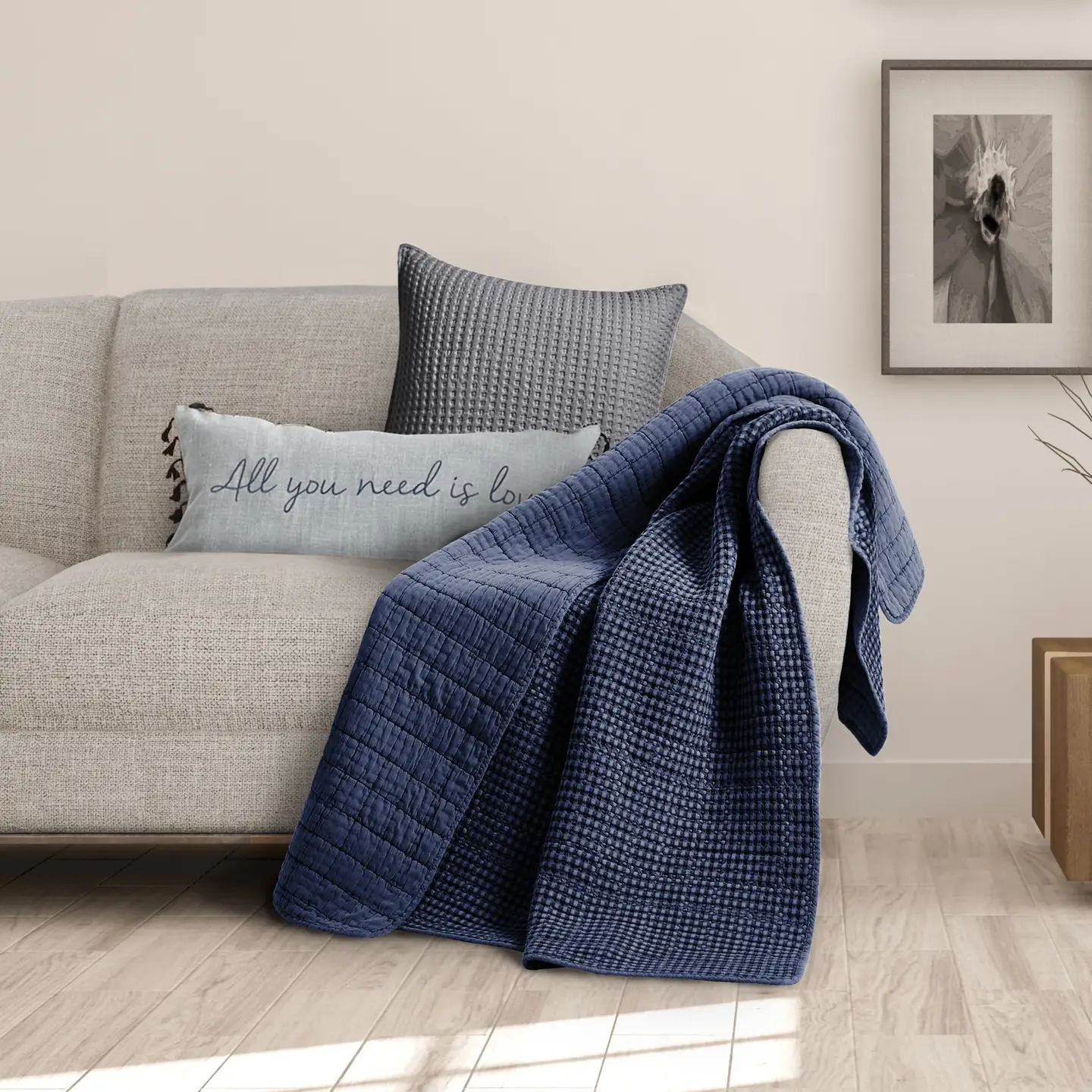 Mills Waffle Quilted Throw - Navy