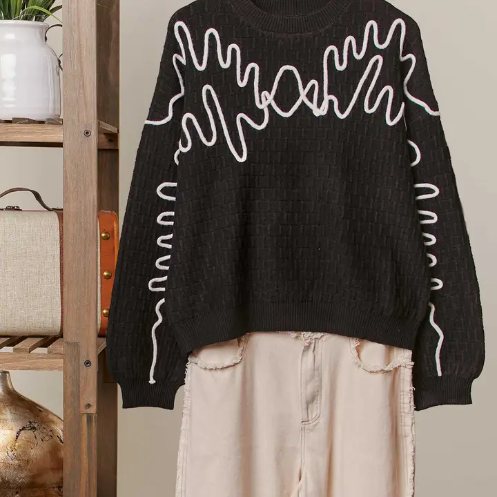 Wave Embroidery Crew Neck Sweater