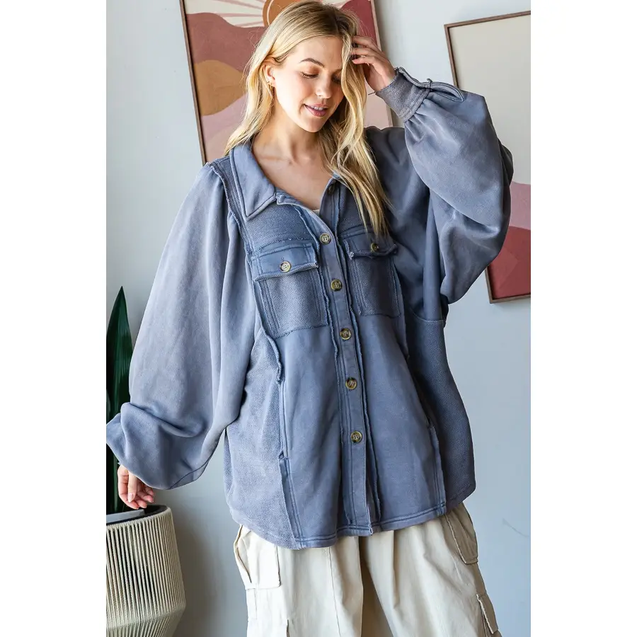 Washed Balloon Sleeve Shirt Jacket