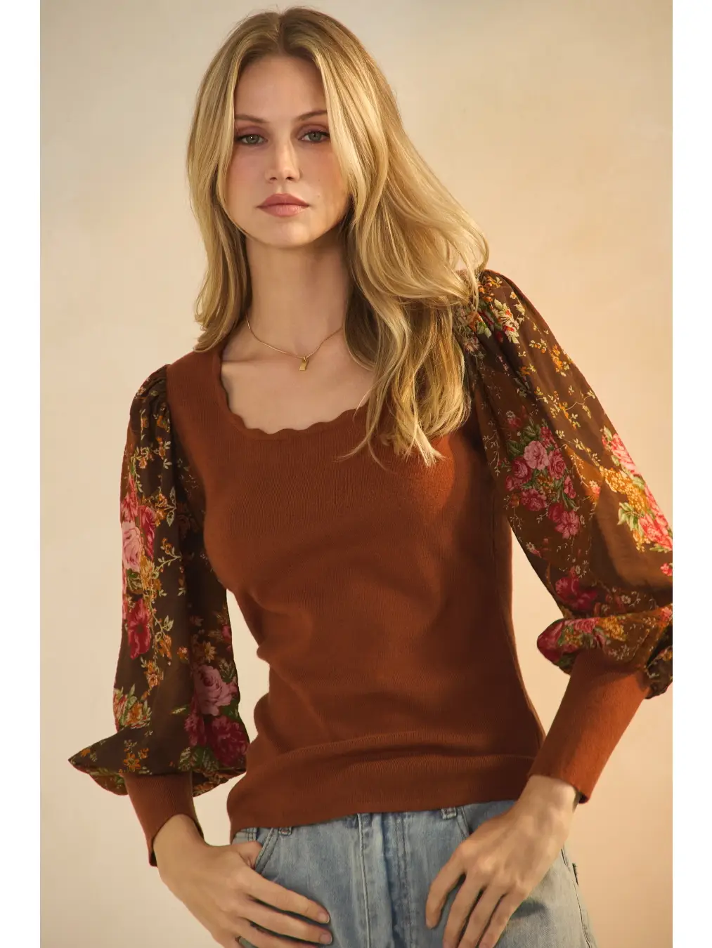 Floral Chiffon Balloon Sleeves Knit Top