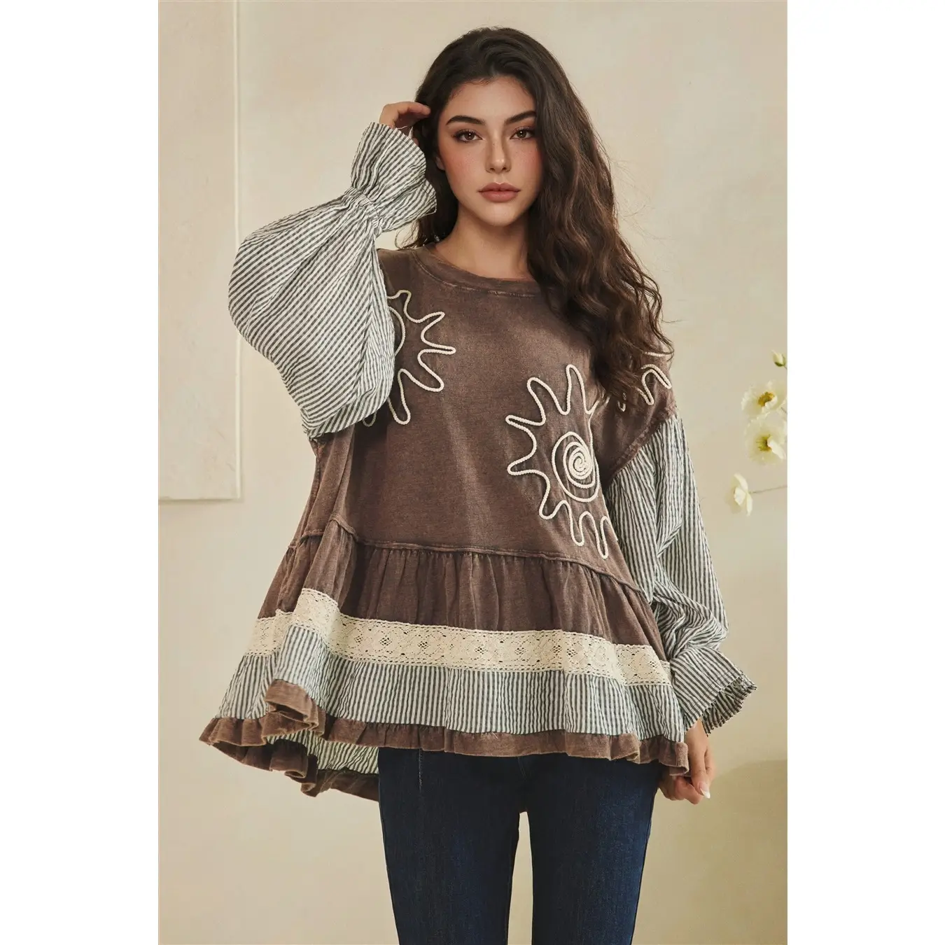 Mixed Fabric Tiered Tunic Long Sleeve Top