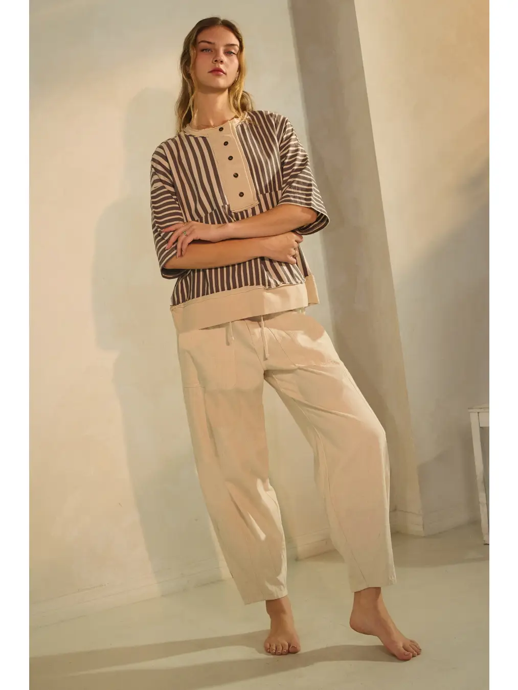 Light Washed Cotton Cropped Barrel Pants