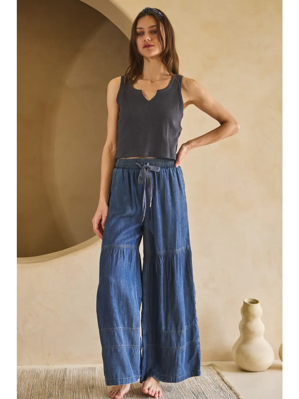 Washed Denim Tiered Wide Leg Pants