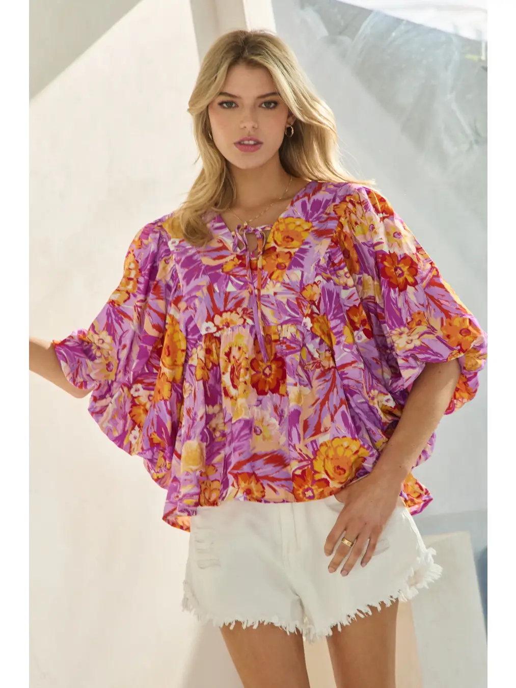 Printed Blouse with Wide Bubble Sleeve