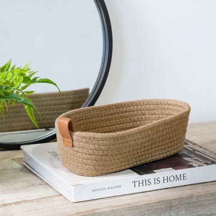 Elegant Woven Cotton Basket with Vegan Leather Tab