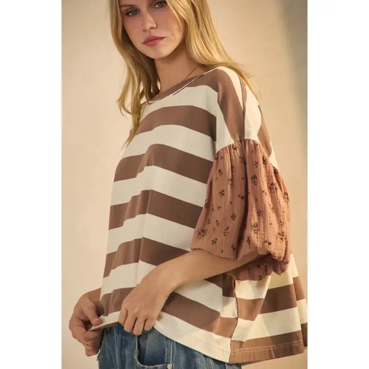 Bold Striped Knit Top - Taupe/ Ivory Combo