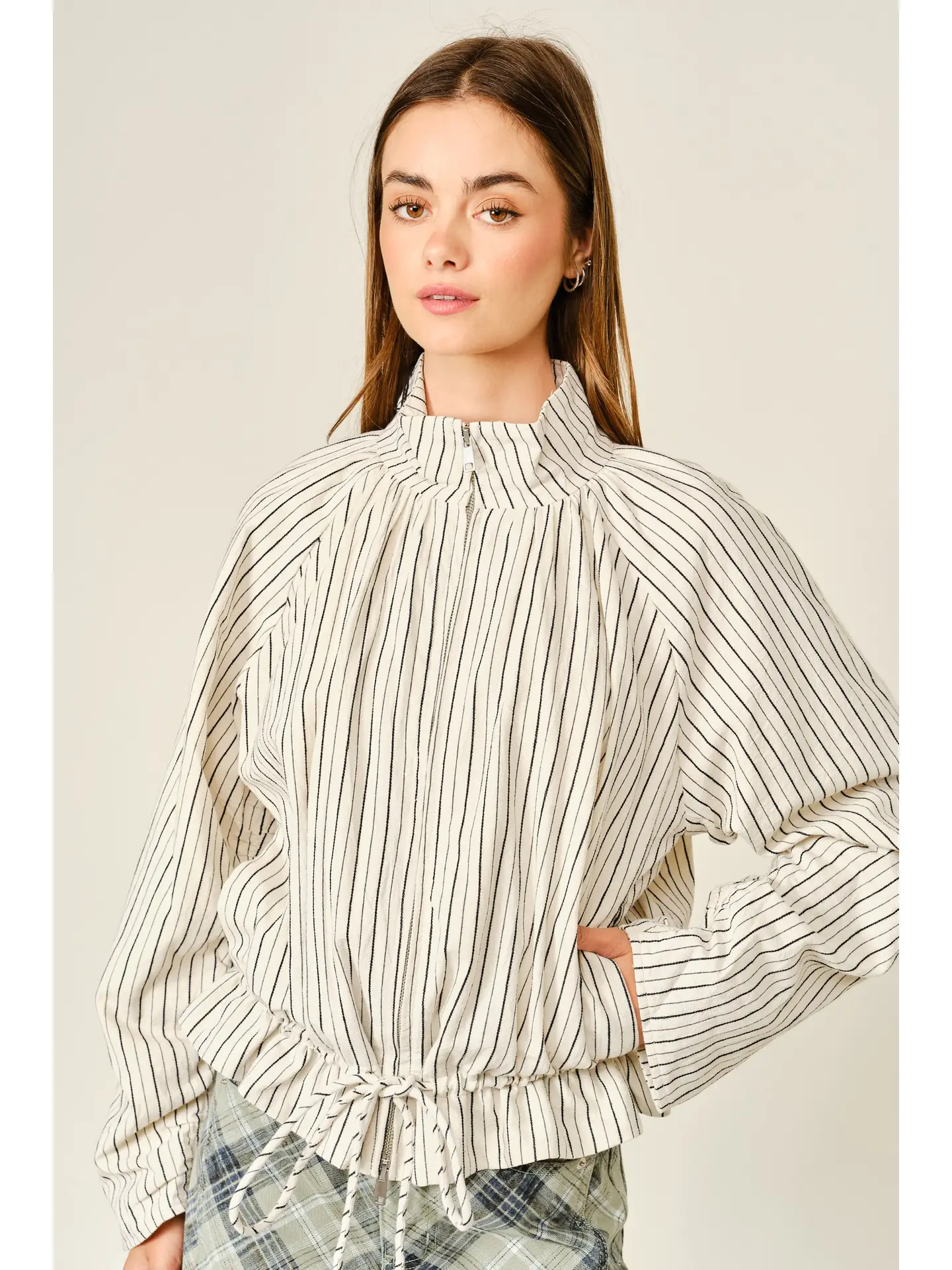 Pinstriped Cotton Funnel Neck Jacket