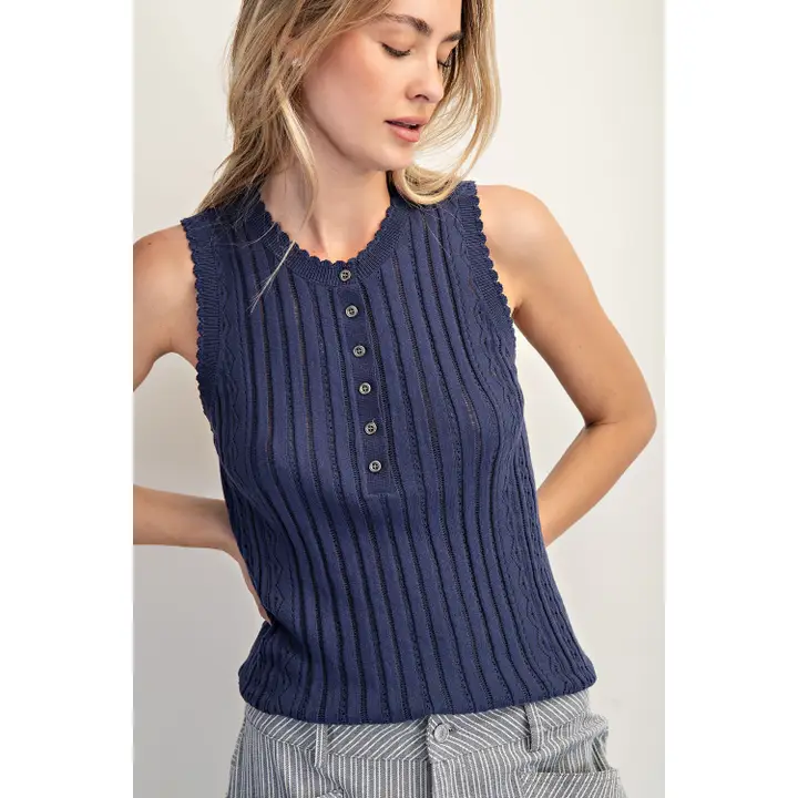 Pointelle Sweater Top with Scallop Trim