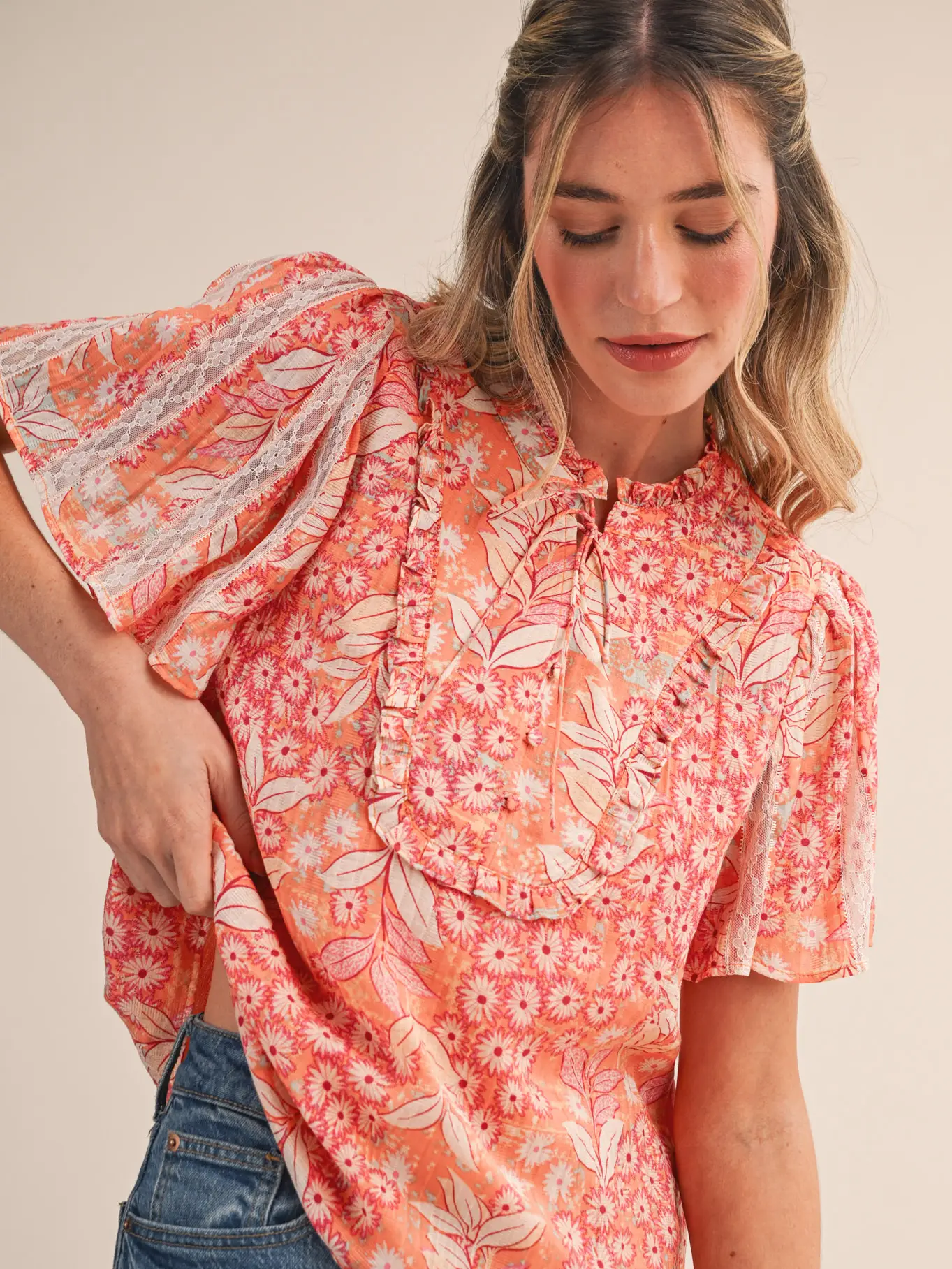 Floral Print Lace Trim Top