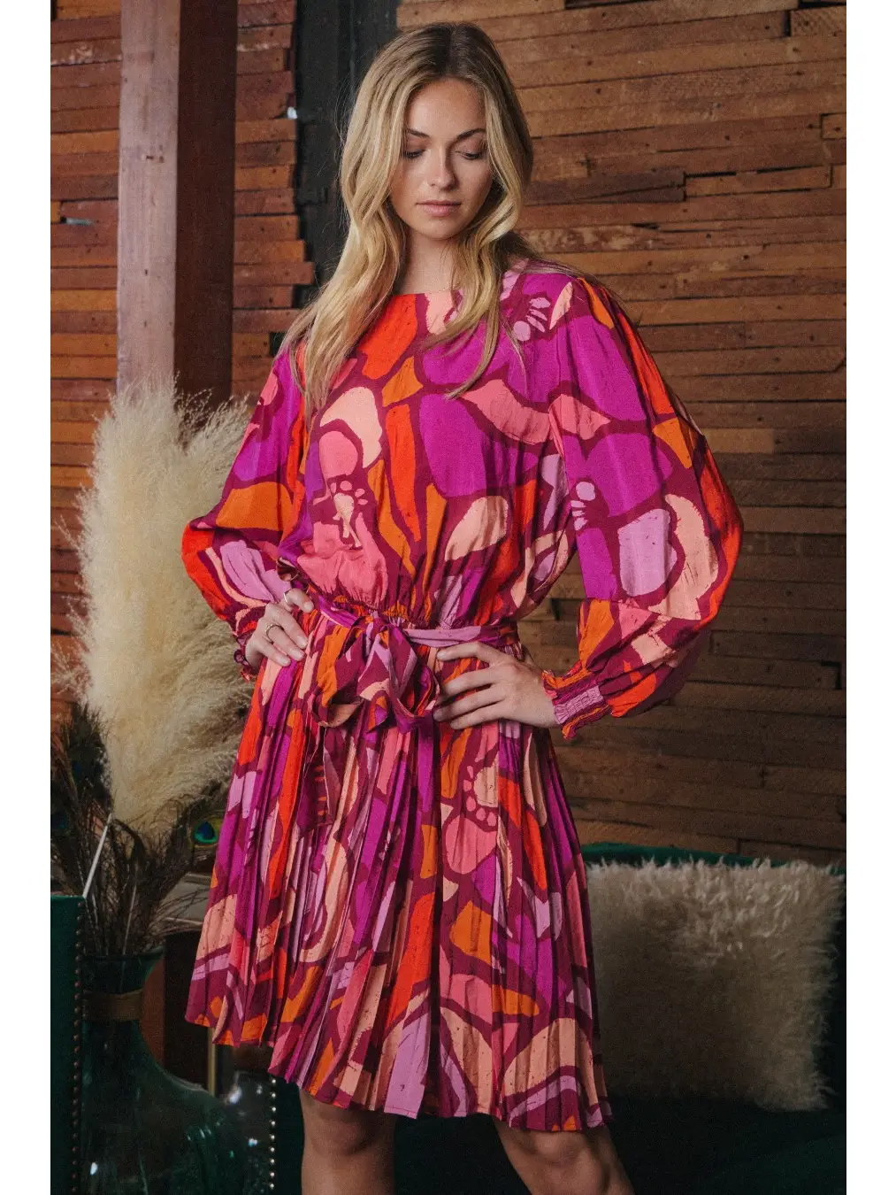 Geo Printed Boat Neck Mini Dress