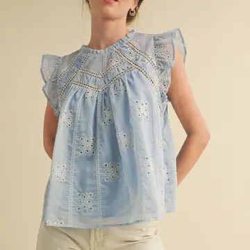 Eyelet Lace Flutter Sleeve Top