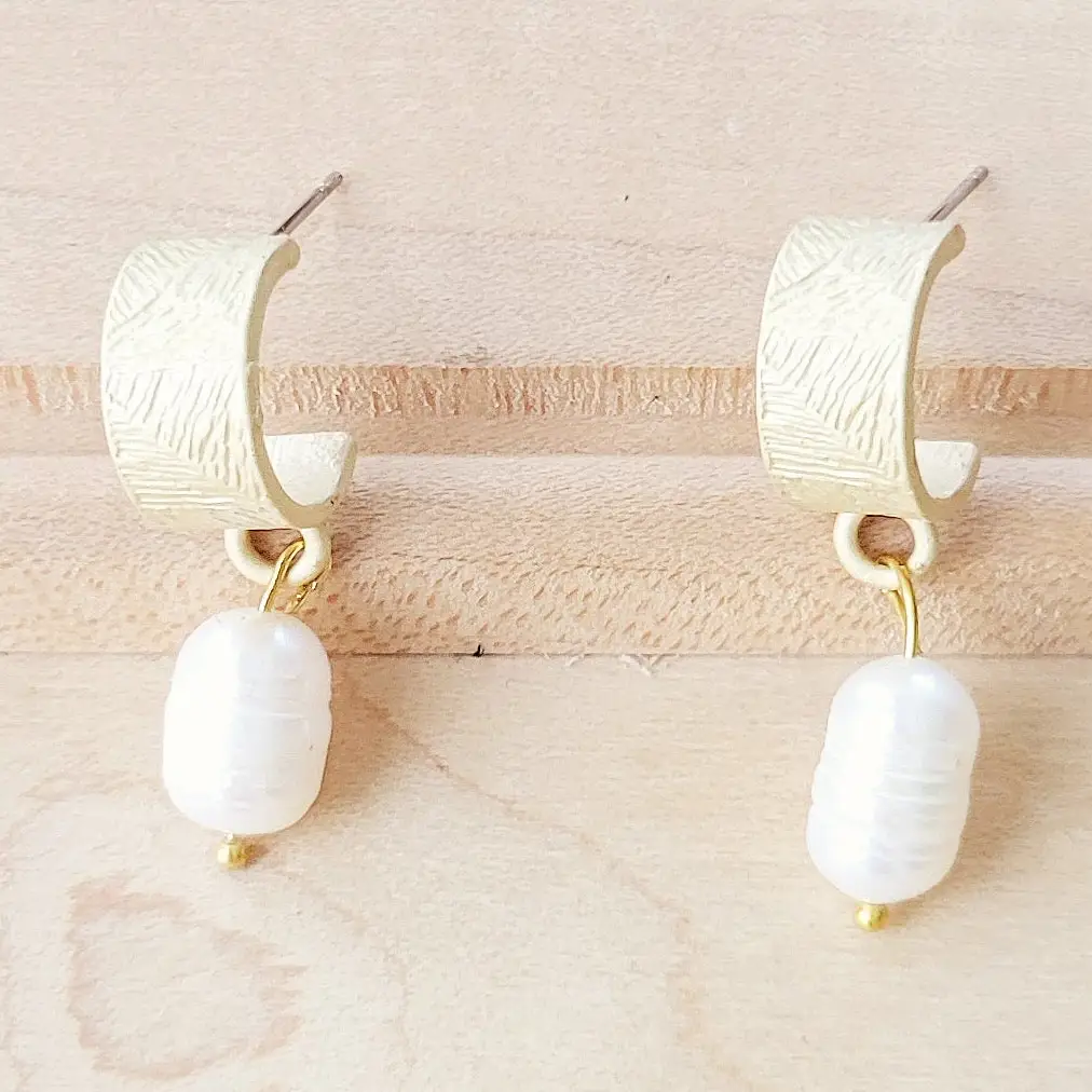 Matte Gold Cuff Earring w/ Genuine Freshwater Pearl Dangle