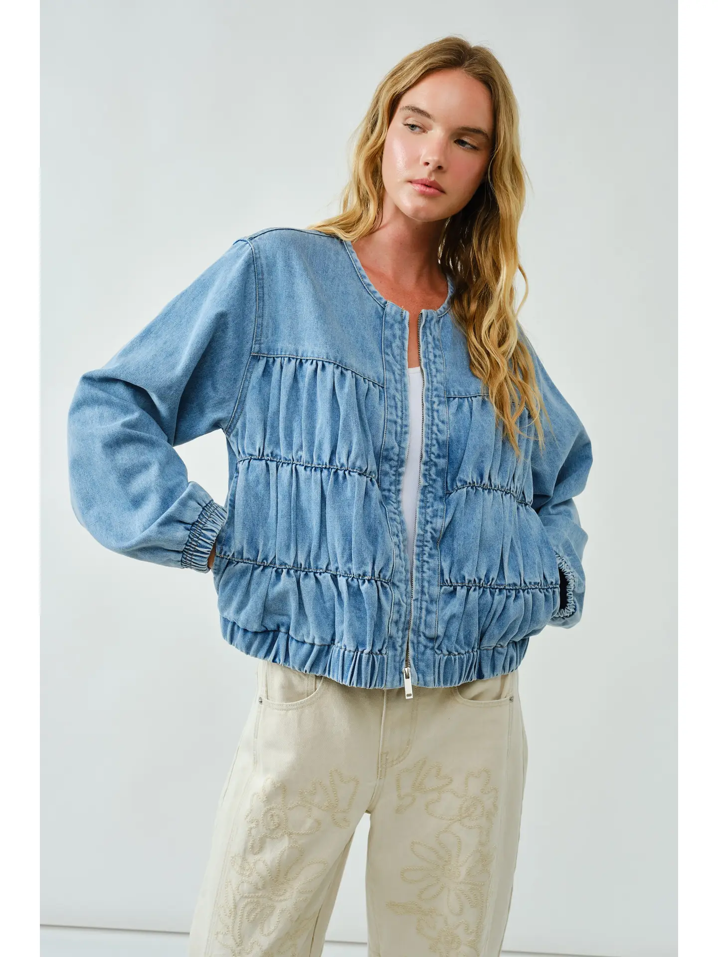 Ruched Seam Denim Bomber Jacket