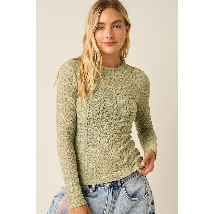 Textured Ruffle Neck Lace Knit Top