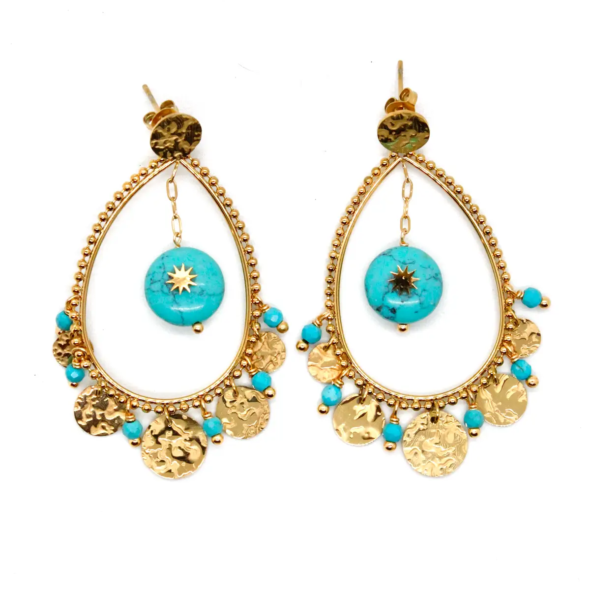 Gold Charm Dangle Earrings with Turquoise Stone