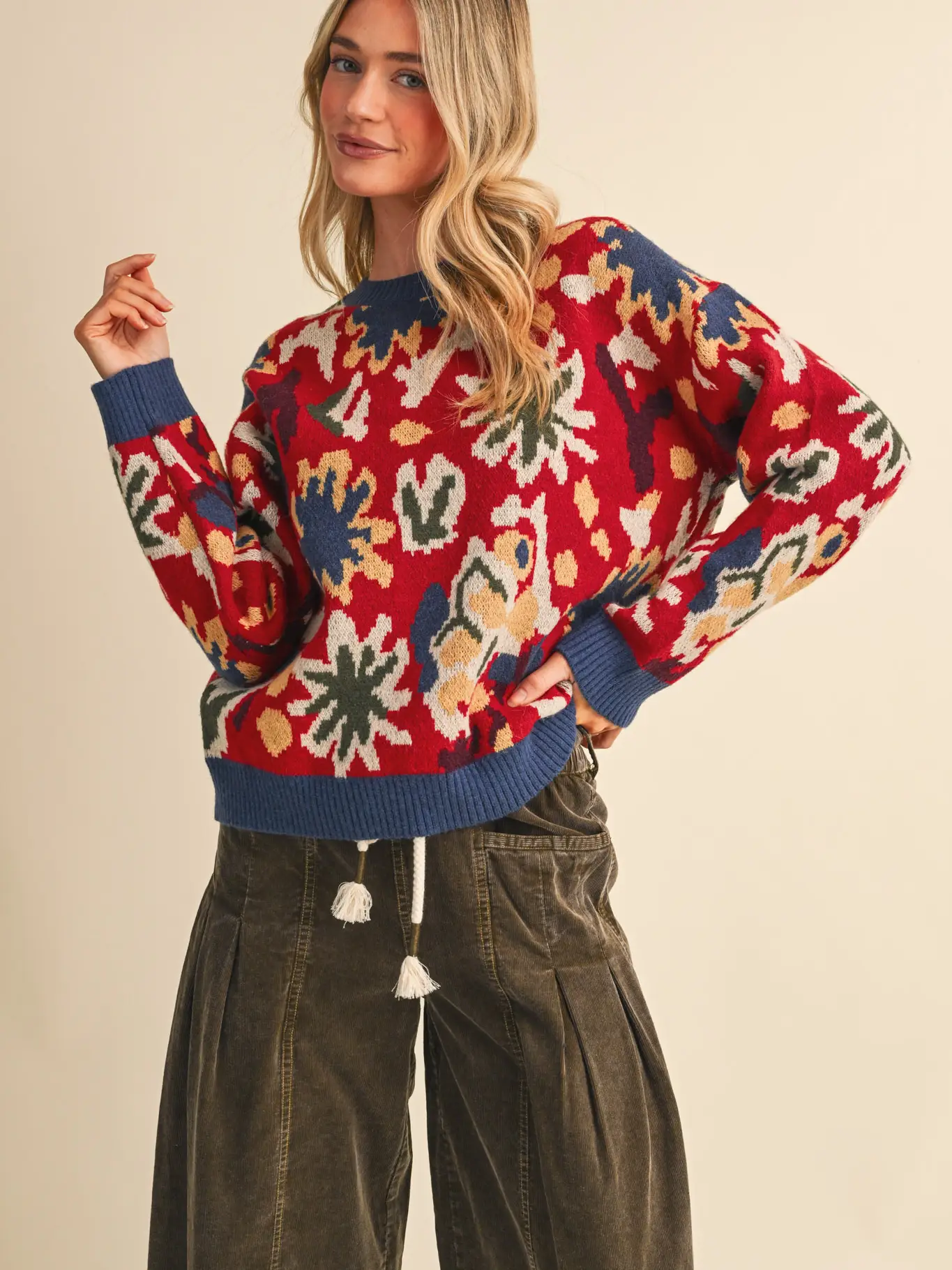 Abstract Floral Knit Sweater - Red & Navy