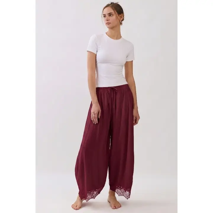 Crinkled Wide Leg Pants - Wine