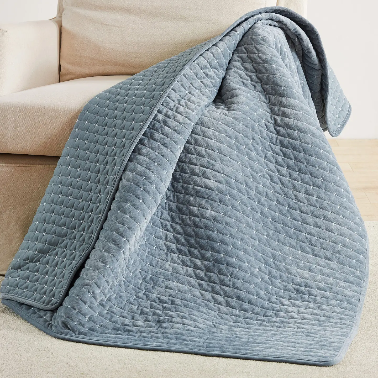 Velvet Stitch Quilted Throw - Chambray