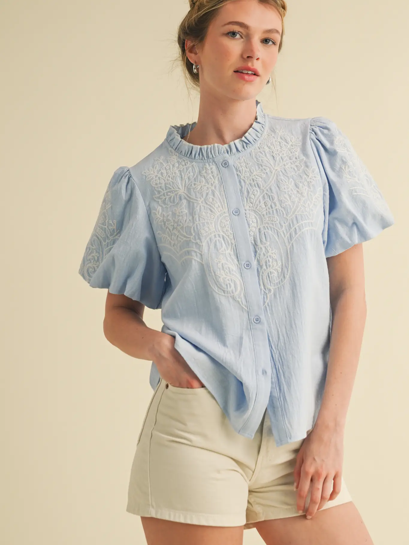 Embroidered Button Down Bubble Sleeve Top
