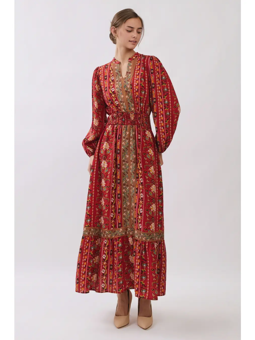 Floral Border Print Tiered Midi Dress