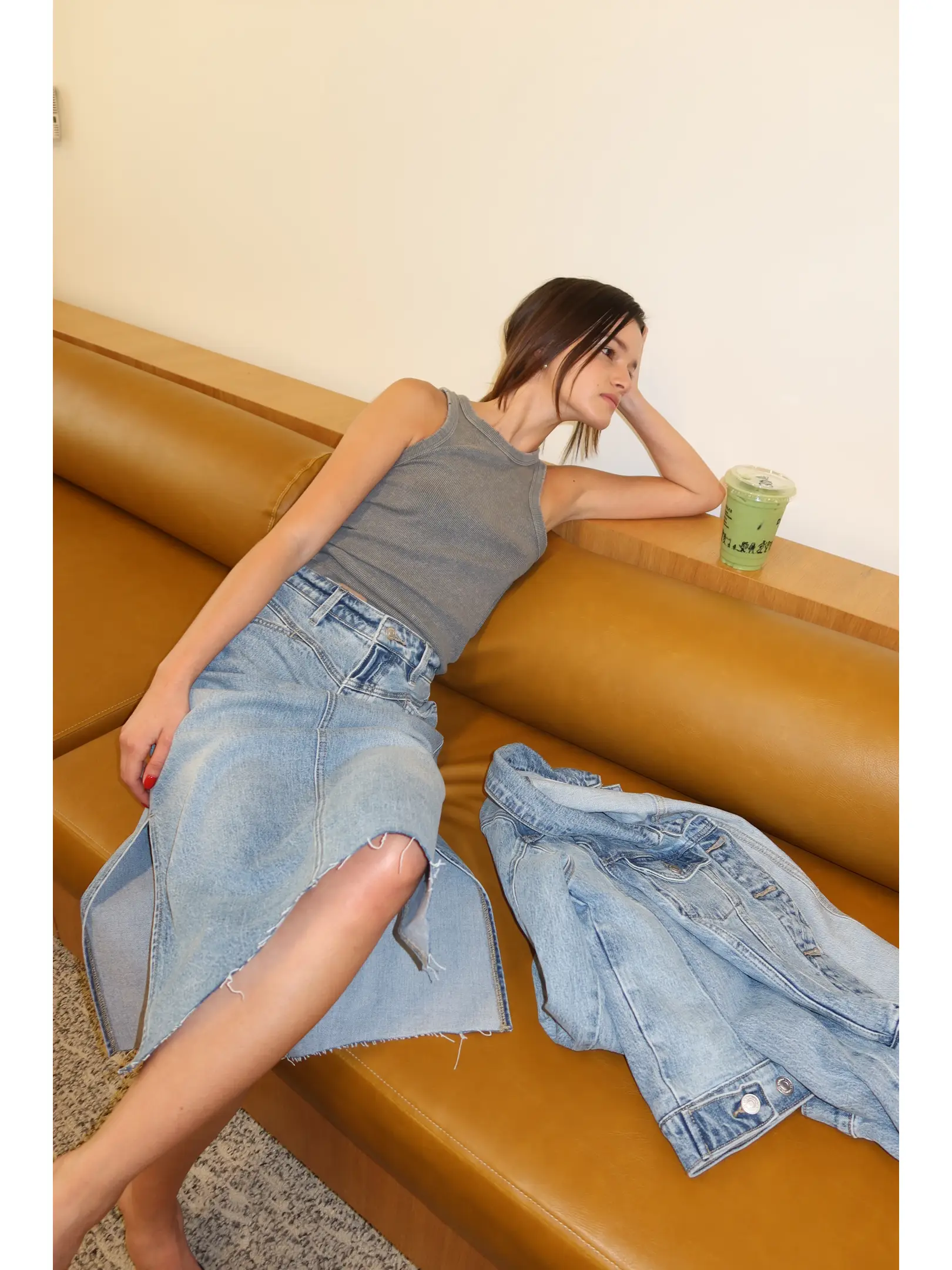 Denim Midi Side Slit Skirt