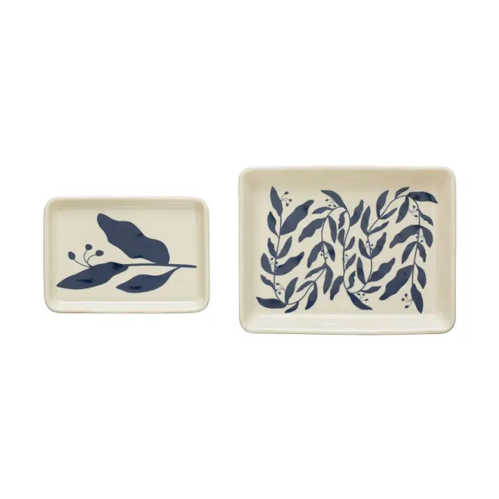 Deep Blue Botanical Stoneware Plate Set