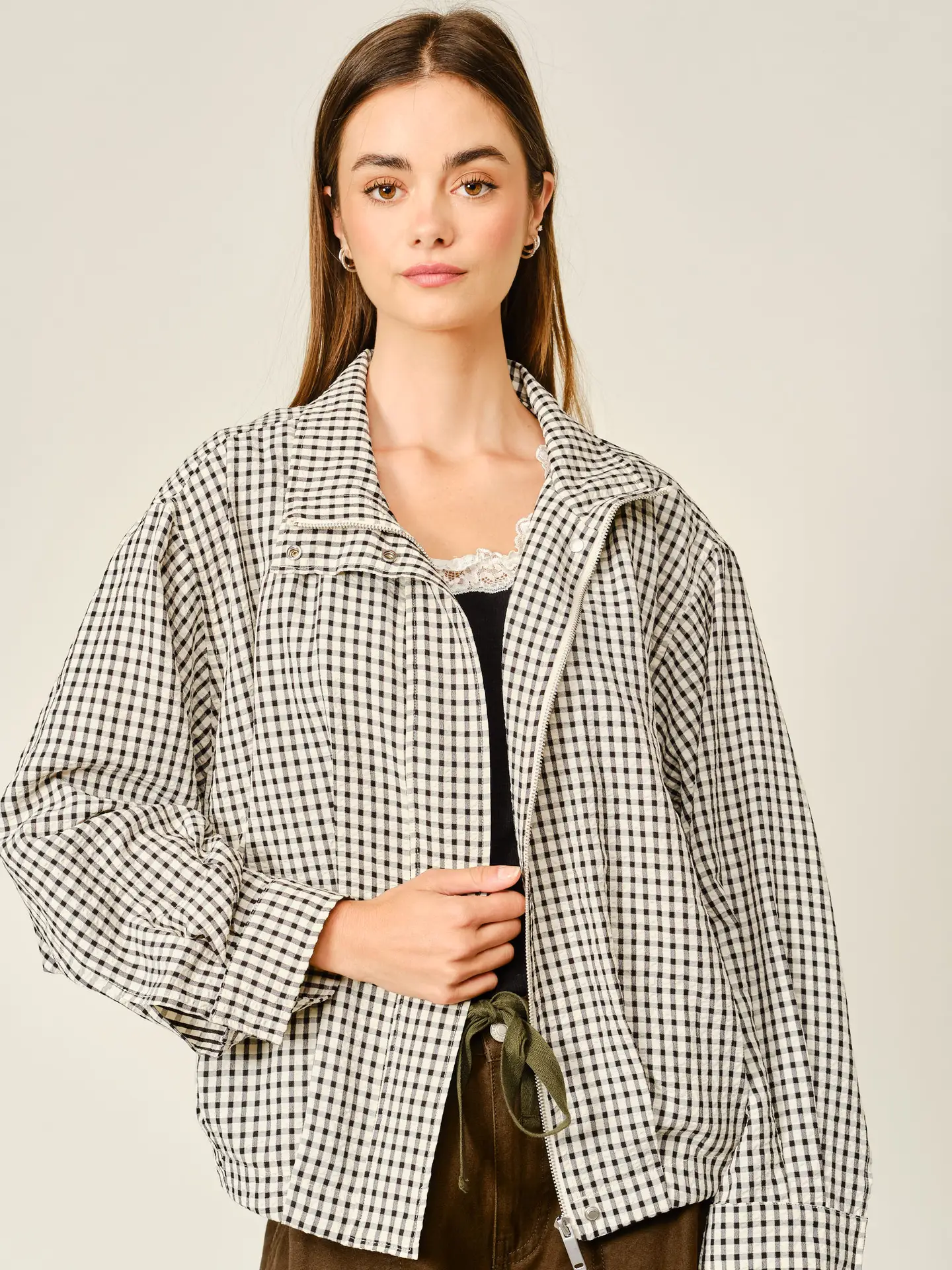 Plaid Funnel Neck Bomber Jacket