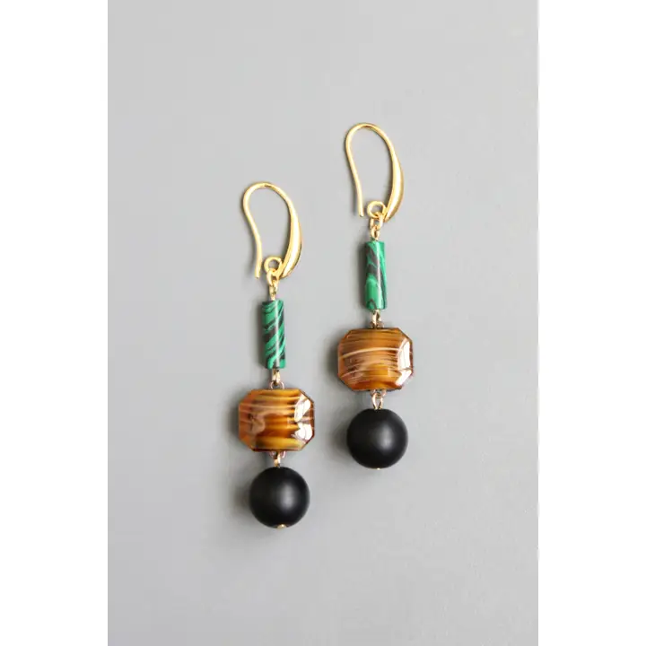 NDNE14 Malachite, Brown Agate Glass, and Jet Earrings