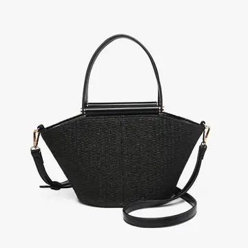Raelynn Small Straw Tote w/ Dual Handles & Crossbody Strap - Black