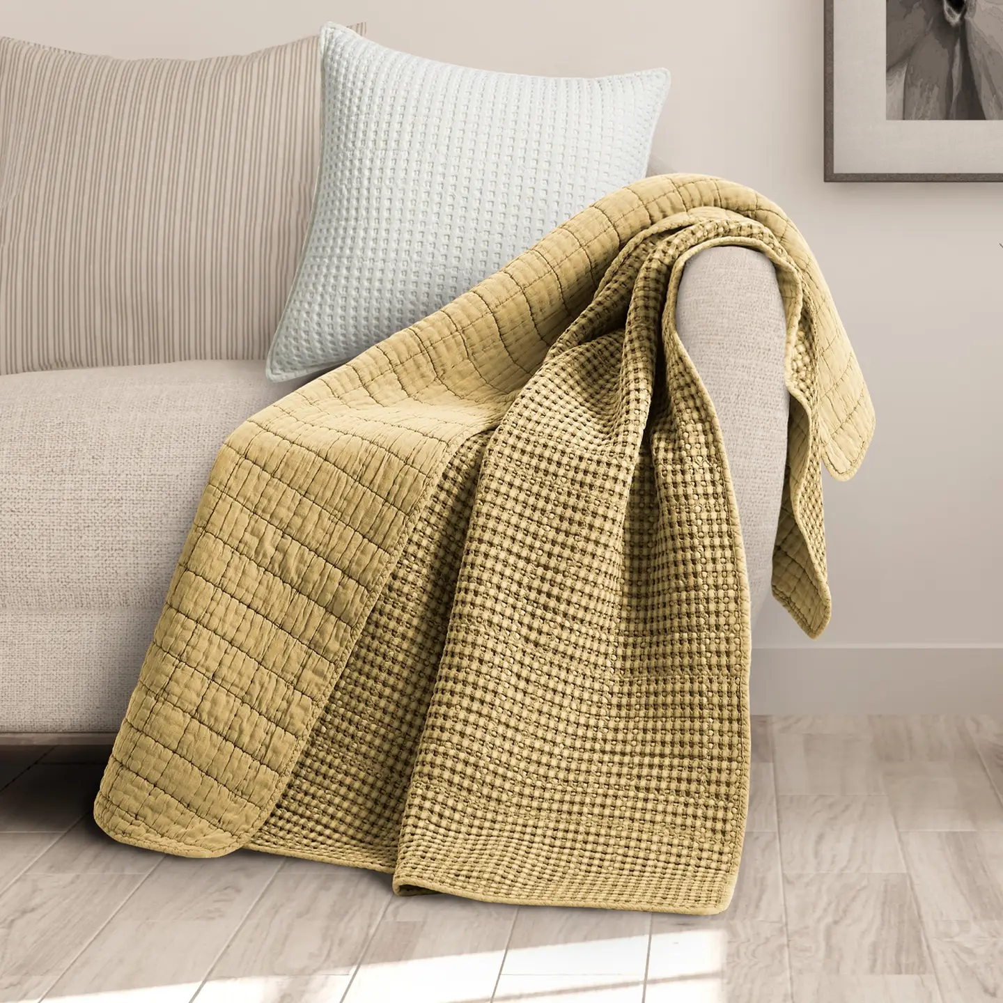 Mills Waffle Quilted Throw - Ochre