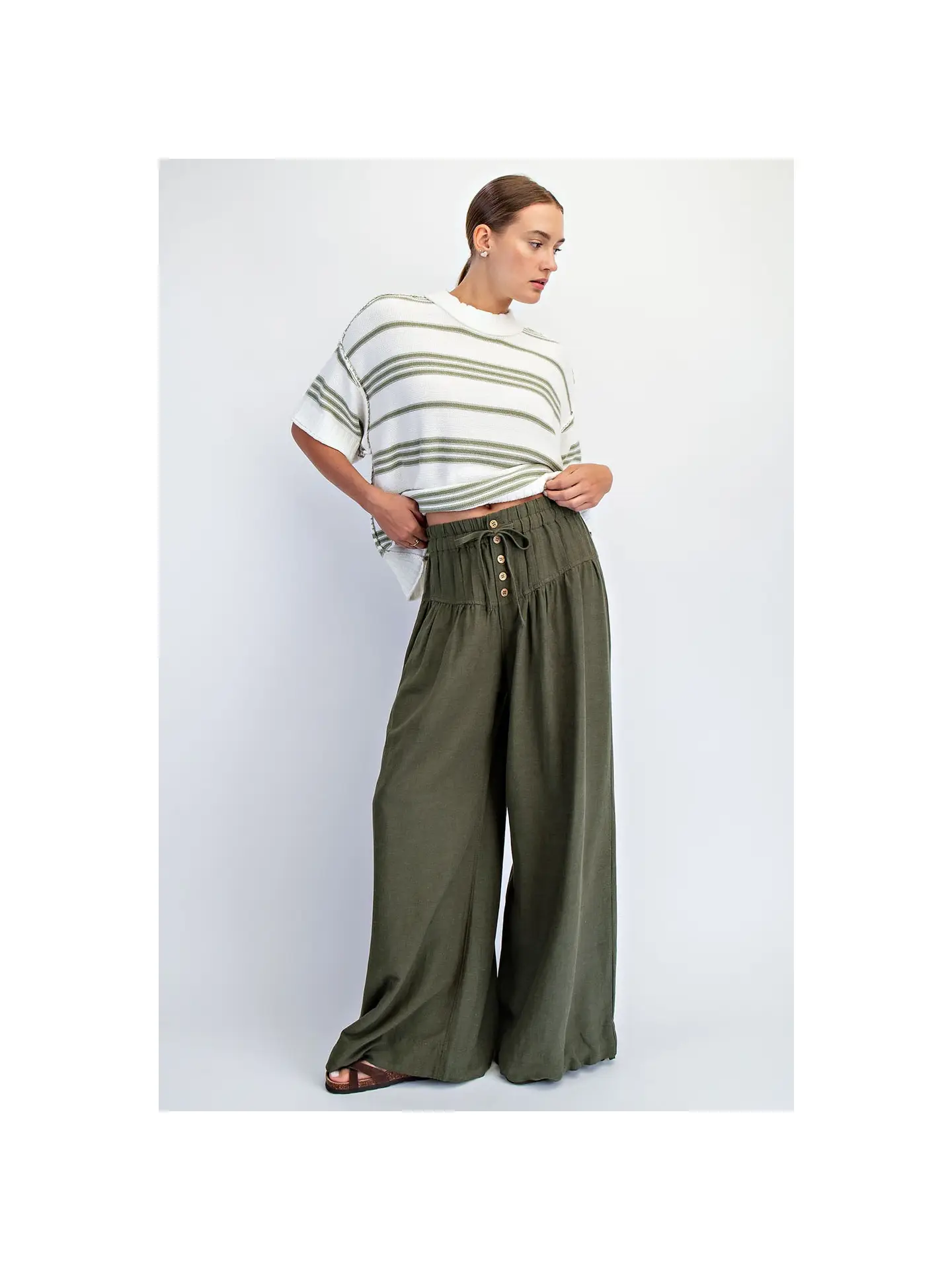 Linen Blended Pleats Baggy Elastic Waist Pants