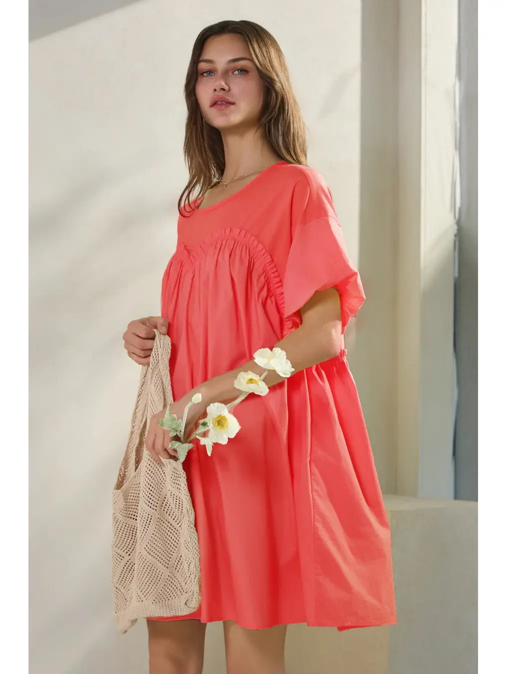 Poplin & Knit Jersey Babydoll Mini Dress