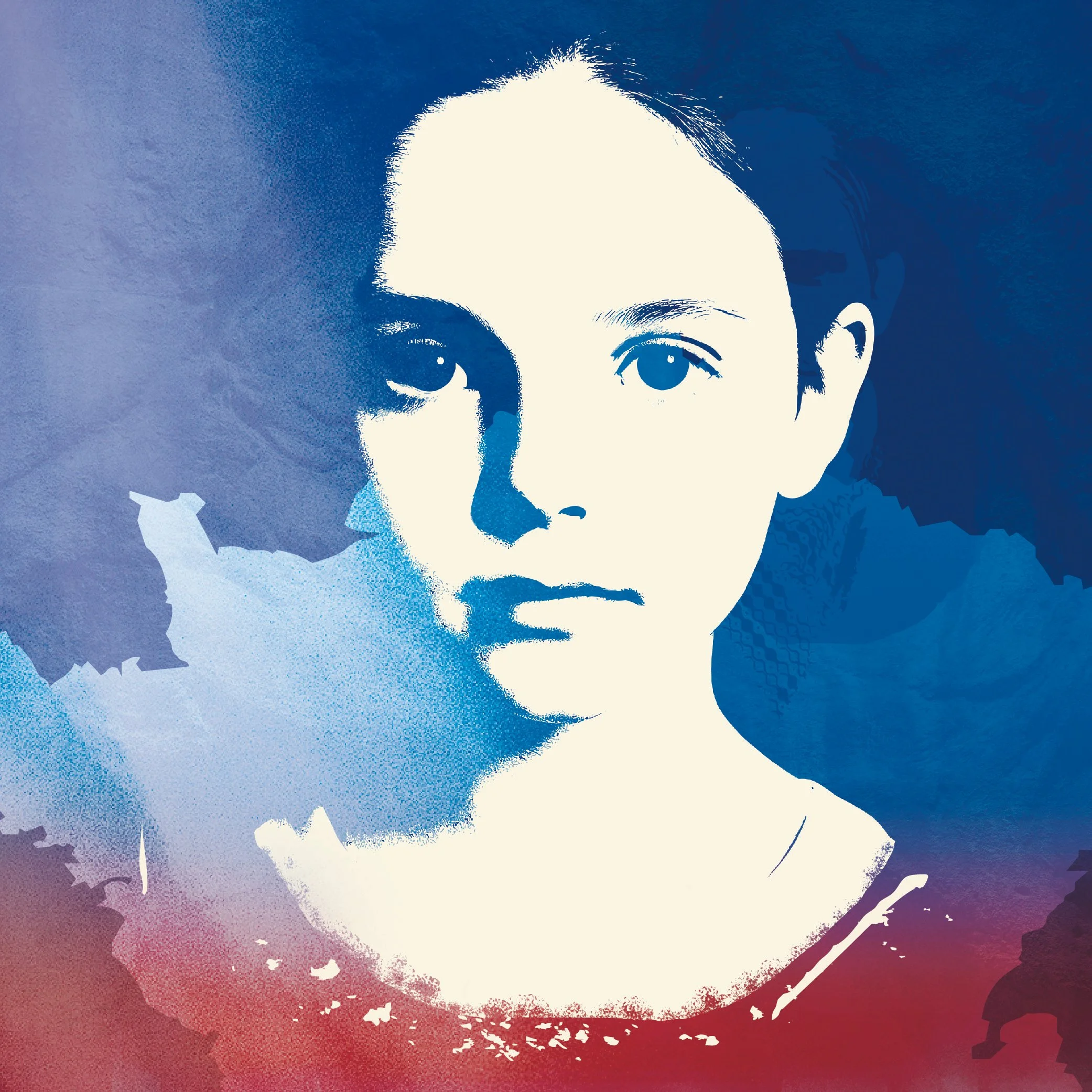 A stylized portrait of a woman in pink halftone art, holding her finger to her lips with a playful expression.