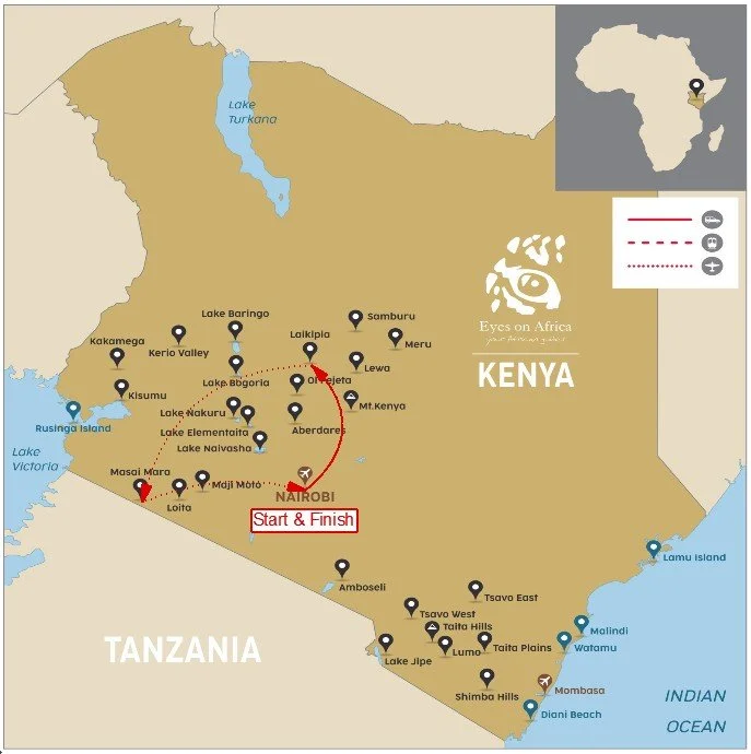 Map of Kenya showing a trail route from Nairobi to Lake Naivasha, passing through various lakes and locations, with the start and finish point marked in Nairobi.